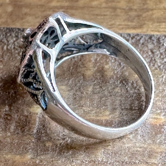 Vintage Sterling Silver Black Onyx Inlay & Marcasite Filigree Ring Sz 7 925 - Picture 11 of 12